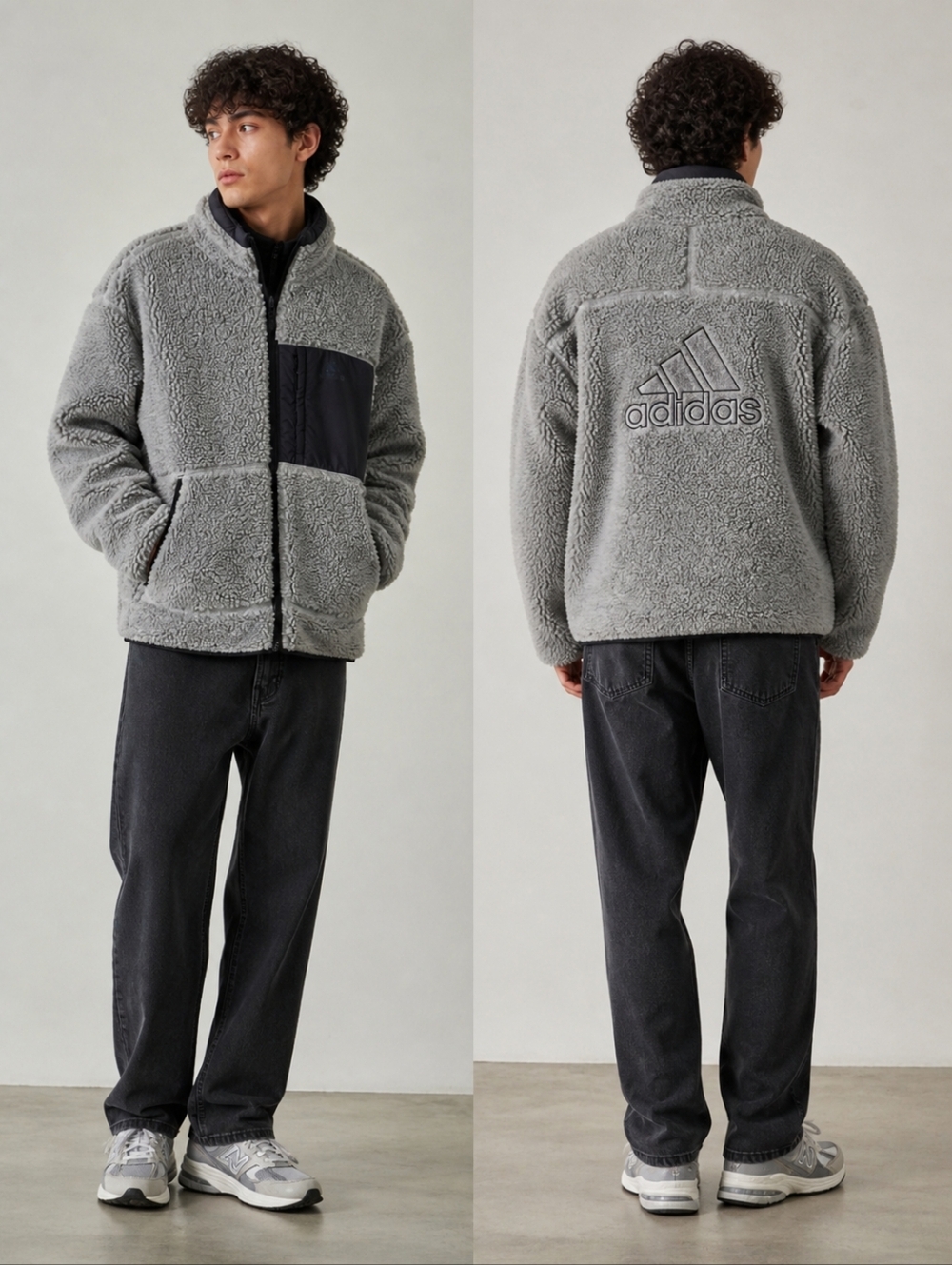 adidas Grey Sherpa Fleece Jacket with Black Chest Pocket